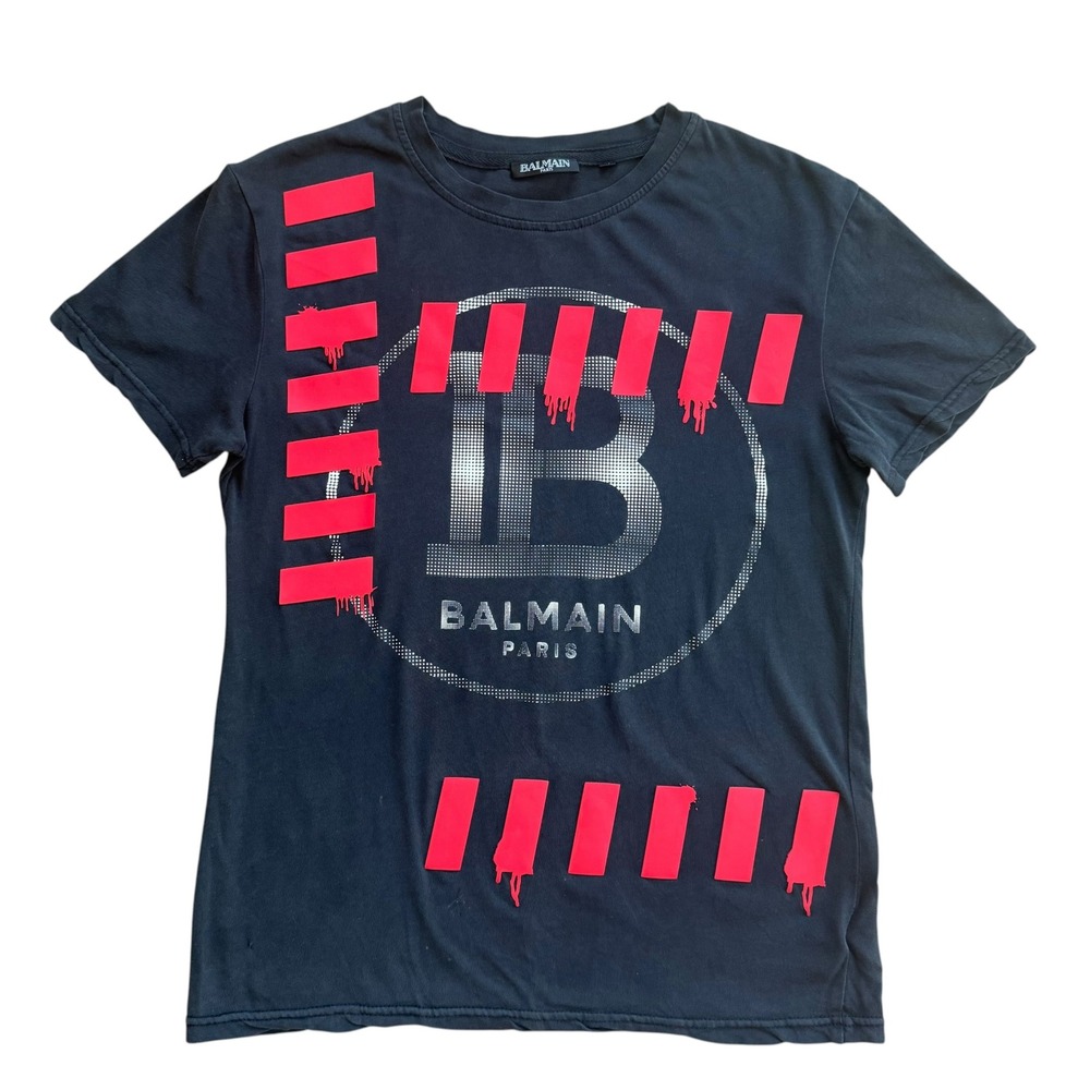 Balmain Paris Mens Graphic T-Shirt Black Red Tape Drip Logo XS